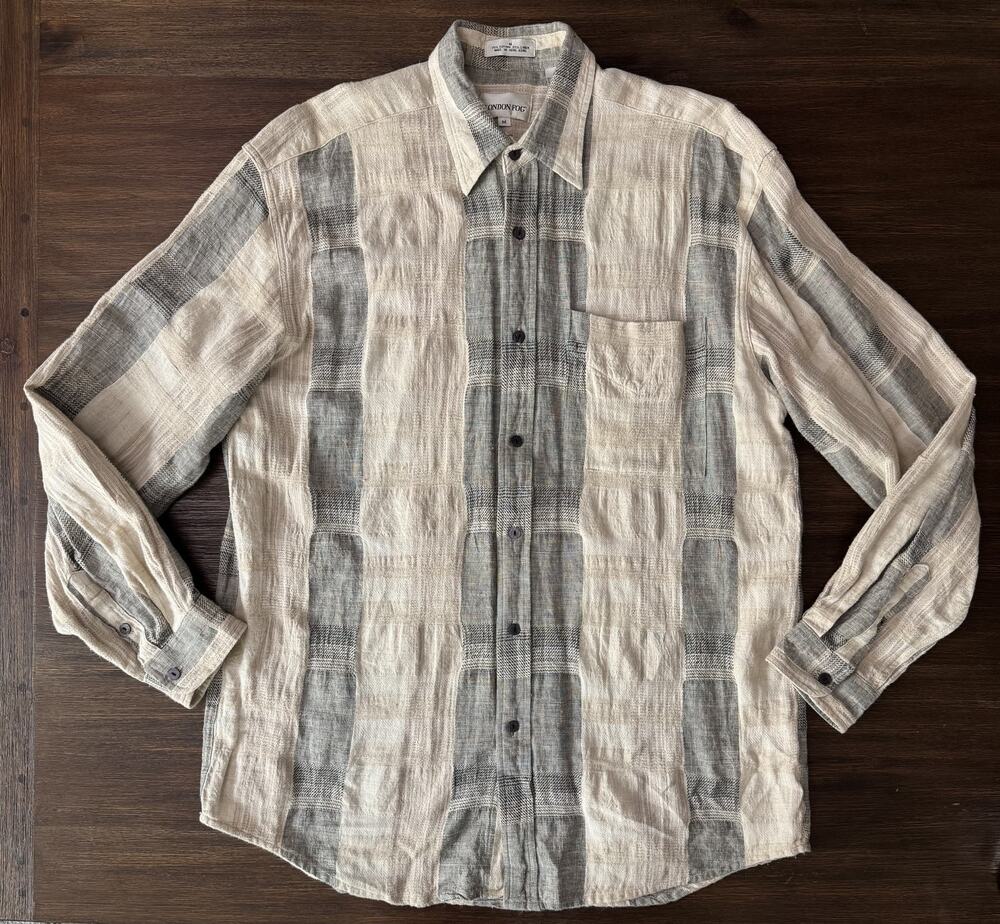 Vintage London Fog Shirt Mens Medium Plaid Cotton Linen Rustic Mediterranen